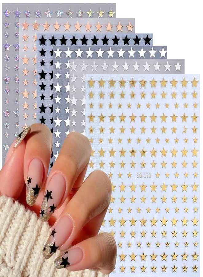 BSBTBZ 6 Sheets Star Nail Stickers 3D Glitter Shiny Gold Silver White Black Stars Nail Art Sticker Geometry Star Sticker DIY Transfer Decal Designs Nail Tips DIY Manicure Luxury Nail Art Decoration Supplies - Image 1